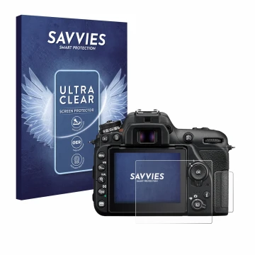 Front side of a product packaging with the brand logo Savvies. Next to it is the device Nikon D7500 shown with the correspondi