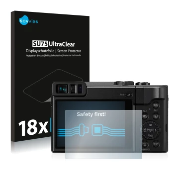 Front side of a product packaging with the brand logo Savvies. Next to it is the device Panasonic Lumix DC-TZ91 shown with the