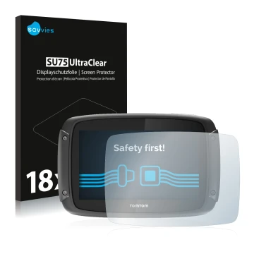Front side of a product packaging with the brand logo Savvies. Next to it is the device TomTom Rider 450 shown with the corres