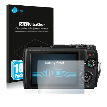 Front side of a product packaging with the brand logo Savvies. Next to it is the device Olympus Tough TG-5 shown with the corr