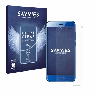 Front side of a product packaging with the brand logo Savvies. Next to it is the device Honor 9 shown with the corresponding s
