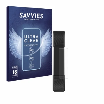 Front side of a product packaging with the brand logo Savvies. Next to it is the device Fitbit Alta HR shown with the correspo