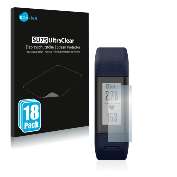 Front side of a product packaging with the brand logo Savvies. Next to it is the device Garmin Vivosmart HR+ shown with the co