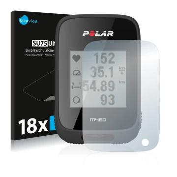 Front side of a product packaging with the brand logo Savvies. Next to it is the device Polar M460 shown with the correspondin