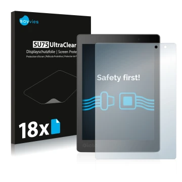 Front side of a product packaging with the brand logo Savvies. Next to it is the device Kobo Aura One shown with the correspon