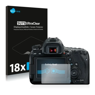 Front side of a product packaging with the brand logo Savvies. Next to it is the device Canon EOS 6D Mark II shown with the co