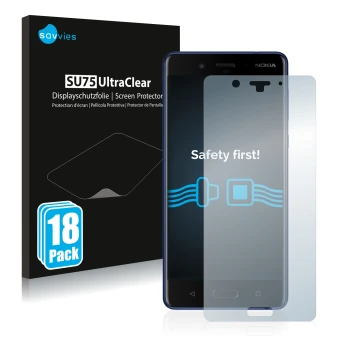 Front side of a product packaging with the brand logo Savvies. Next to it is the device Nokia 8 shown with the corresponding s