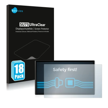 Front side of a product packaging with the brand logo Savvies. Next to it is the device Garmin DriveSmart 61 LMT-S shown with 