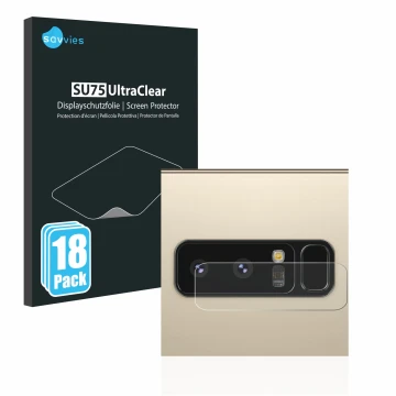 Front side of a product packaging with the brand logo Savvies. Next to it is the device Samsung Galaxy Note 8 (ONLY Camera Len