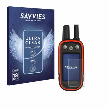Front side of a product packaging with the brand logo Savvies. Next to it is the device Garmin Atemos 100 shown with the corre