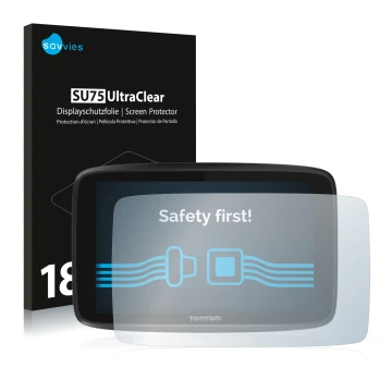 Front side of a product packaging with the brand logo Savvies. Next to it is the device TomTom GO 6250 shown with the correspo