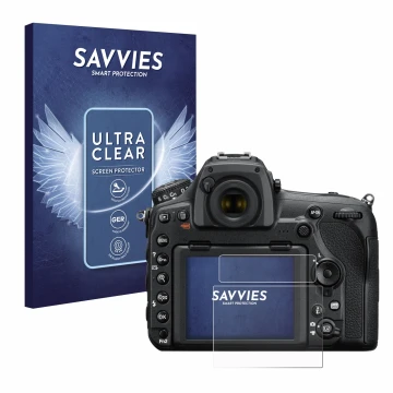 Front side of a product packaging with the brand logo Savvies. Next to it is the device Nikon D850 shown with the correspondin