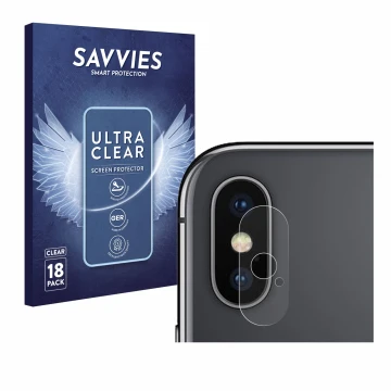 Front side of a product packaging with the brand logo Savvies. Next to it is the device Apple iPhone X (ONLY Camera Lens) show