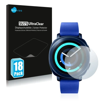 Front side of a product packaging with the brand logo Savvies. Next to it is the device Samsung Gear Sport shown with the corr