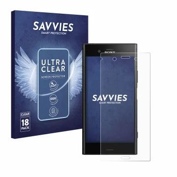 Front side of a product packaging with the brand logo Savvies. Next to it is the device Sony Xperia XZ1 shown with the corresp