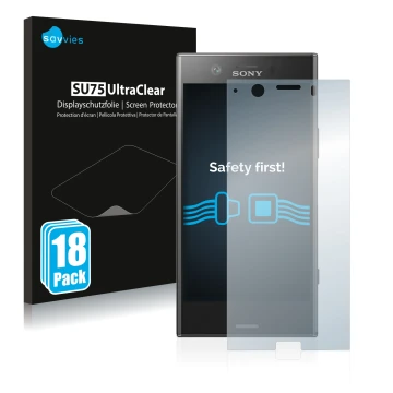 Front side of a product packaging with the brand logo Savvies. Next to it is the device Sony Xperia XZ1 Compact shown with the