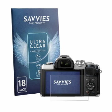 Front side of a product packaging with the brand logo Savvies. Next to it is the device Olympus OM-D E-M10 Mark III shown with