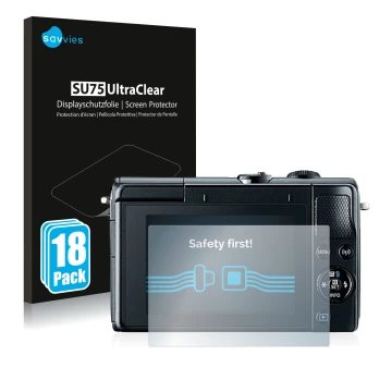 Front side of a product packaging with the brand logo Savvies. Next to it is the device Canon EOS M100 shown with the correspo