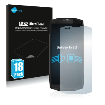 Front side of a product packaging with the brand logo Savvies. Next to it is the device Blackview BV9000 Pro shown with the co
