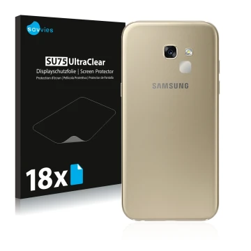 Front side of a product packaging with the brand logo Savvies. Next to it is the device Samsung Galaxy A5 2017 (ONLY Camera Le