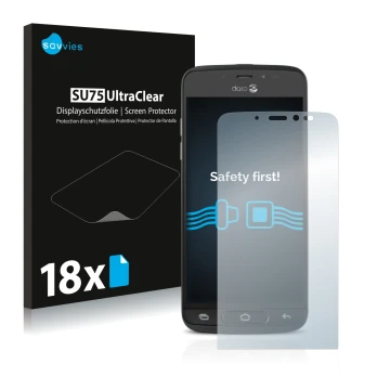 Front side of a product packaging with the brand logo Savvies. Next to it is the device Doro 8040 shown with the corresponding