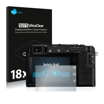 Front side of a product packaging with the brand logo Savvies. Next to it is the device Fujifilm X-E3 shown with the correspon