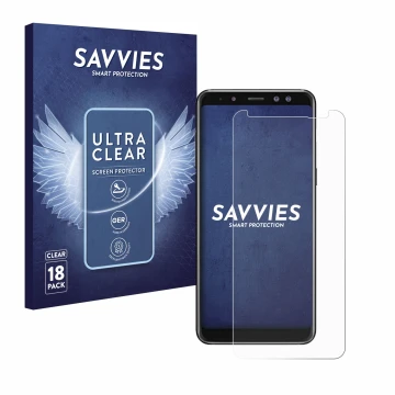 Front side of a product packaging with the brand logo Savvies. Next to it is the device Samsung Galaxy A8 2018 shown with the 