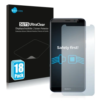 Front side of a product packaging with the brand logo Savvies. Next to it is the device Huawei Mate 10 Lite shown with the cor