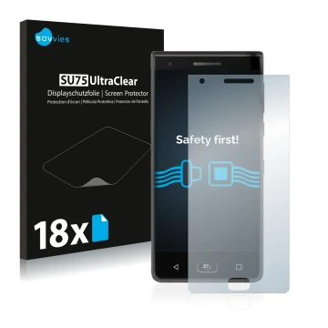 Front side of a product packaging with the brand logo Savvies. Next to it is the device BlackBerry Motion 2017 shown with the 