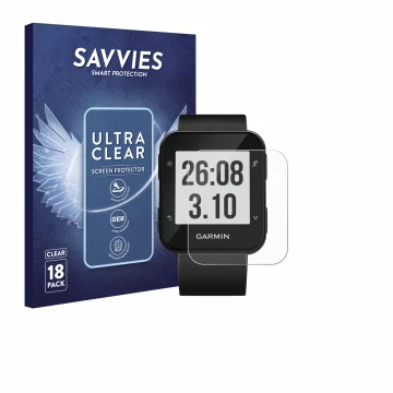 Front side of a product packaging with the brand logo Savvies. Next to it is the device Garmin Forerunner 30 shown with the co