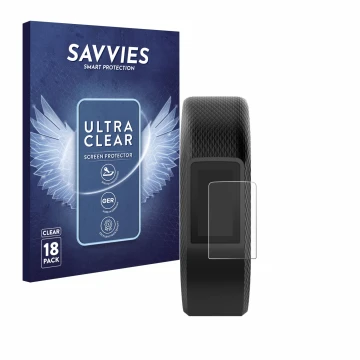 Front side of a product packaging with the brand logo Savvies. Next to it is the device Garmin Vivosport shown with the corres