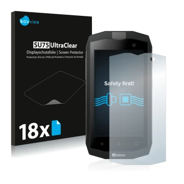 Front side of a product packaging with the brand logo Savvies. Next to it is the device Crosscall Trekker M1 shown with the co