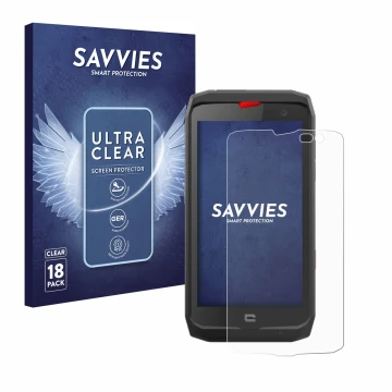 Front side of a product packaging with the brand logo Savvies. Next to it is the device Crosscall Action X3 shown with the cor