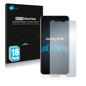 Front side of a product packaging with the brand logo Savvies. Next to it is the device Honor View 10 shown with the correspon