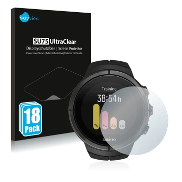 Front side of a product packaging with the brand logo Savvies. Next to it is the device Suunto Spartan Ultra shown with the co