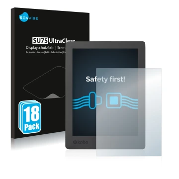 Front side of a product packaging with the brand logo Savvies. Next to it is the device Kobo Aura H2O Edition 2 shown with the