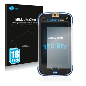 Front side of a product packaging with the brand logo Savvies. Next to it is the device Vtech Kidicom Max shown with the corre