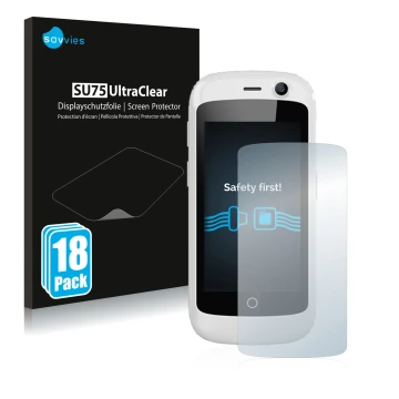 Front side of a product packaging with the brand logo Savvies. Next to it is the device Unihertz Jelly Pro shown with the corr