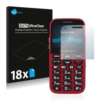 Front side of a product packaging with the brand logo Savvies. Next to it is the device Doro Primo 366 shown with the correspo