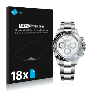 Front side of a product packaging with the brand logo Savvies. Next to it is the device Rolex Cosmograph Daytona (40 mm) shown