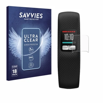 Front side of a product packaging with the brand logo Savvies. Next to it is the device Garmin Vivofit 4 shown with the corres