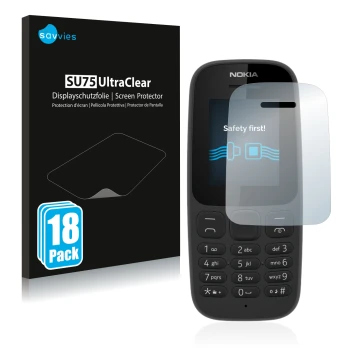 Front side of a product packaging with the brand logo Savvies. Next to it is the device Nokia 105 2017 shown with the correspo
