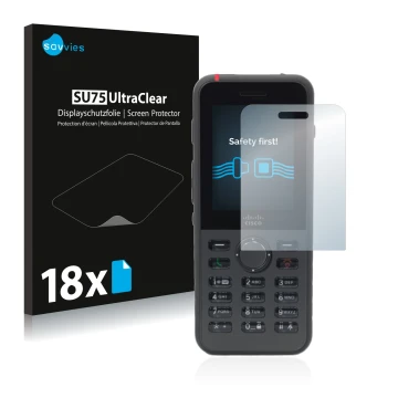 Front side of a product packaging with the brand logo Savvies. Next to it is the device Cisco IP Phone 8821 shown with the cor