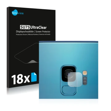 Front side of a product packaging with the brand logo Savvies. Next to it is the device Samsung Galaxy S9 (ONLY Camera Lens) s