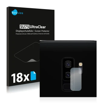 Front side of a product packaging with the brand logo Savvies. Next to it is the device Samsung Galaxy S9 Plus (ONLY Camera Le