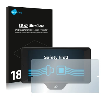 Front side of a product packaging with the brand logo Savvies. Next to it is the device Coyote Nav+ 2017 shown with the corres