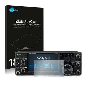 Front side of a product packaging with the brand logo Savvies. Next to it is the device Icom IC-7610 shown with the correspond