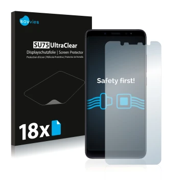 Front side of a product packaging with the brand logo Savvies. Next to it is the device Xiaomi Redmi Note 5 shown with the cor