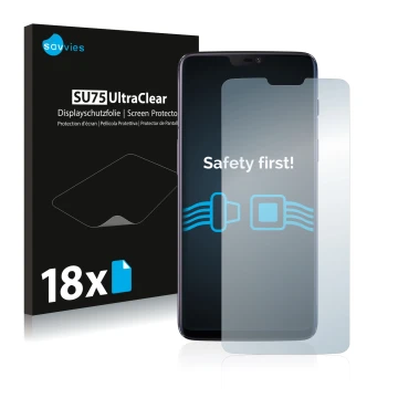 Front side of a product packaging with the brand logo Savvies. Next to it is the device OnePlus 6 shown with the corresponding