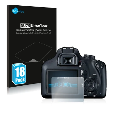 Front side of a product packaging with the brand logo Savvies. Next to it is the device Canon EOS 4000D shown with the corresp